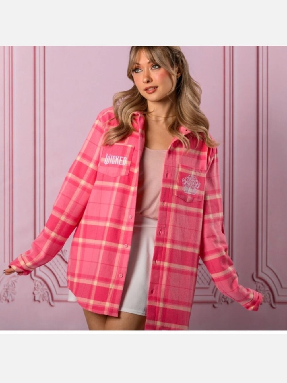 New Wicked X Cakeworthy Glinda Pink Plaid Button-Up Flannel Size Small